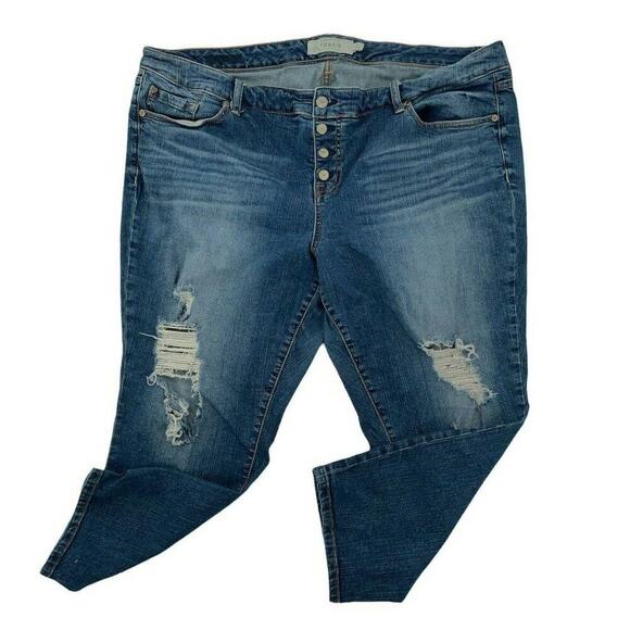 Torrid Jeans Womens Sz 22 High Rise Distressed Button Fly Whiskers Pockets Denim - Picture 1 of 11
